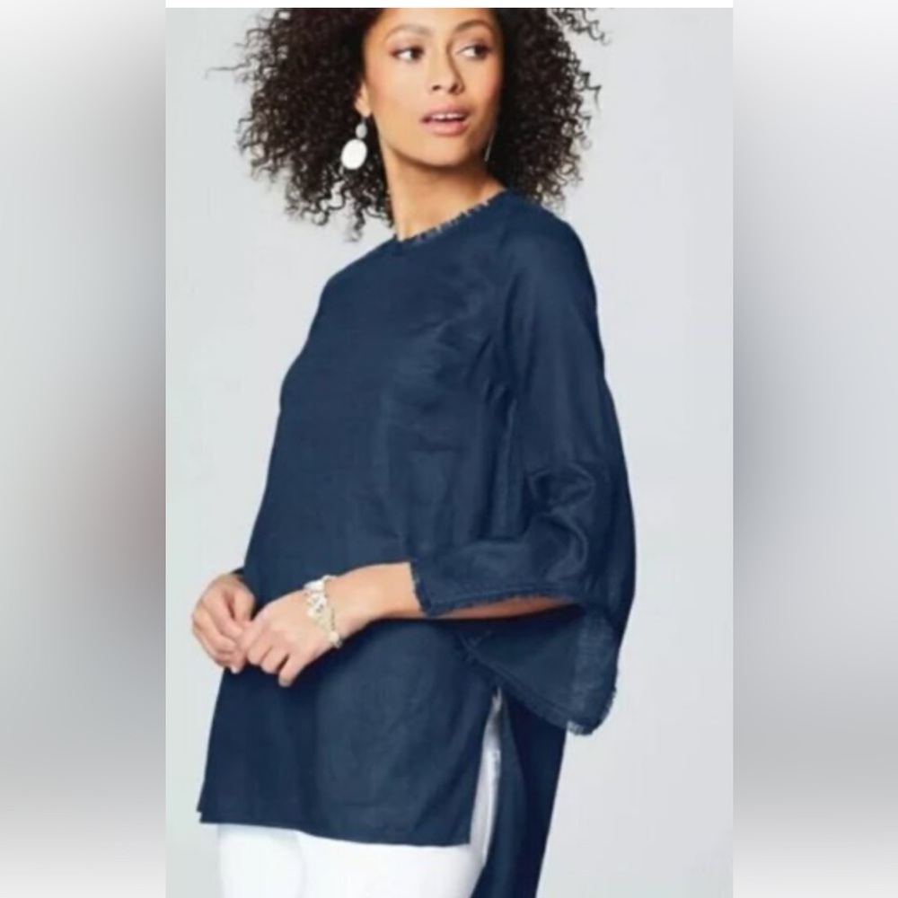 Navy Linen J. JILL  Fringe Trimmed Tunic Top   NWOT